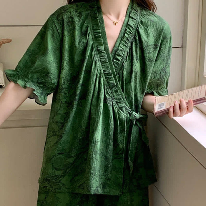 Ownkoti Stylish Botanical Ruffle Sleeve Pajama Set