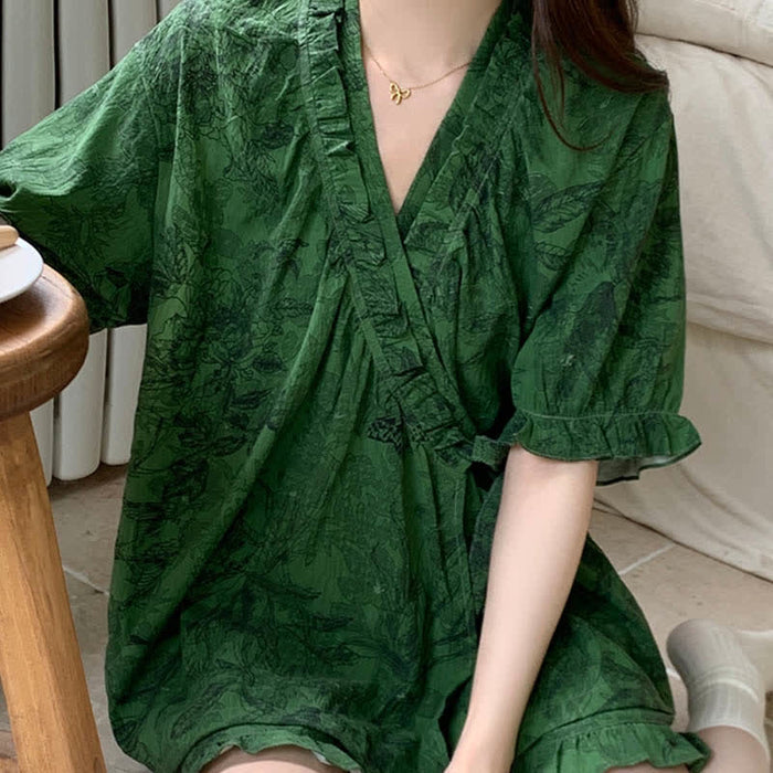 Ownkoti Stylish Botanical Ruffle Sleeve Pajama Set