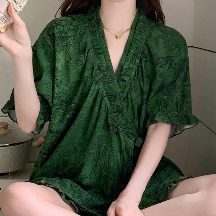 Ownkoti Stylish Botanical Ruffle Sleeve Pajama Set