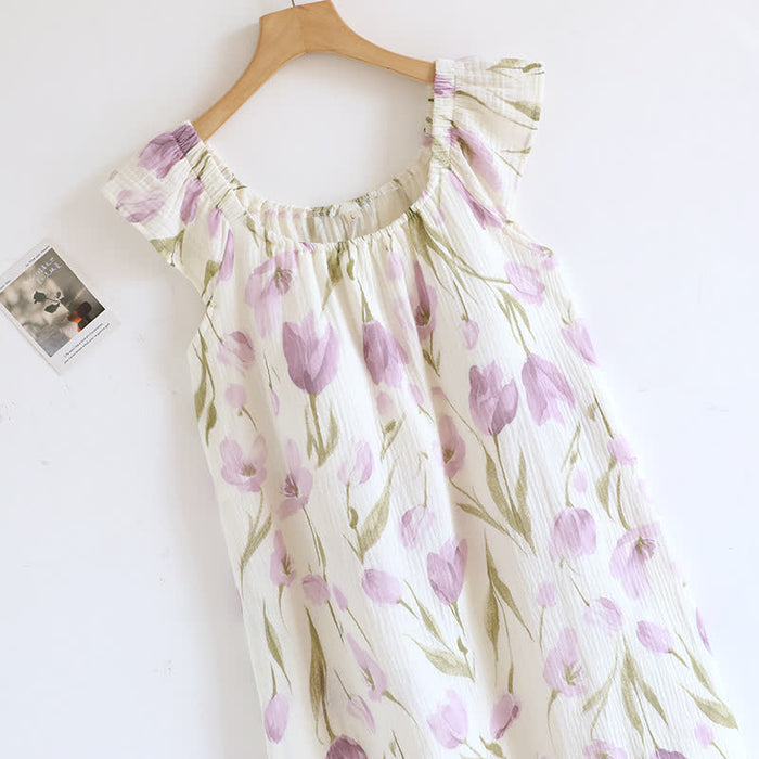 Ownkoti Tulip Print Cotton Gauze Padded Camisole Nightdress