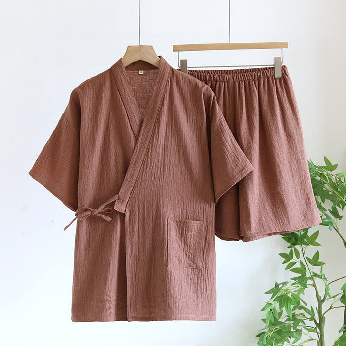 Ownkoti Unisex Cotton Gauze Kimono Pajama Set - Dark Red - XL - image 3