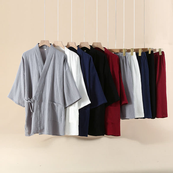 Ownkoti Unisex Solid Color Cotton Gauze Kimono Pajama Set
