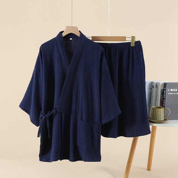 Ownkoti Unisex Solid Color Cotton Gauze Kimono Pajama Set
