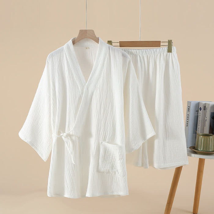 Ownkoti Unisex Solid Color Cotton Gauze Kimono Pajama Set