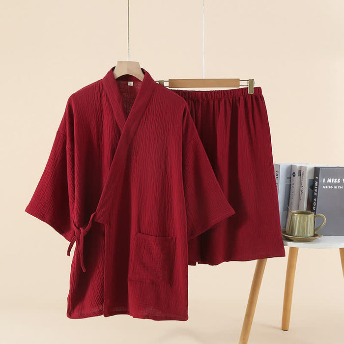 Ownkoti Unisex Solid Color Cotton Gauze Kimono Pajama Set