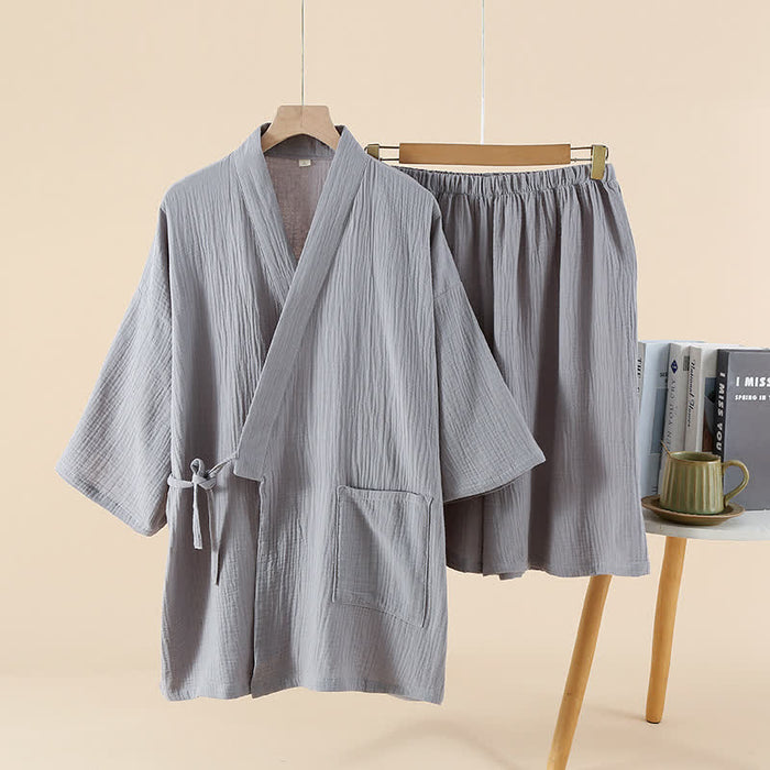 Ownkoti Unisex Solid Color Cotton Gauze Kimono Pajama Set