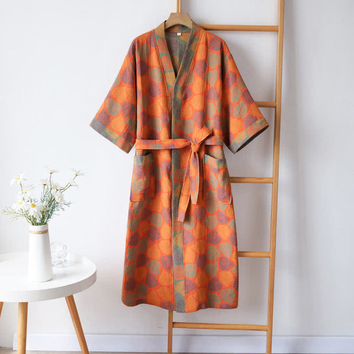 Ownkoti V-neck Vivid Leaf Cotton Gauze Summer Bathrobe