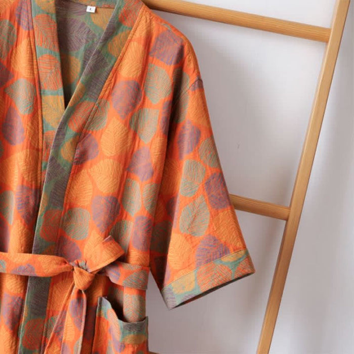 Ownkoti V-neck Vivid Leaf Cotton Gauze Summer Bathrobe