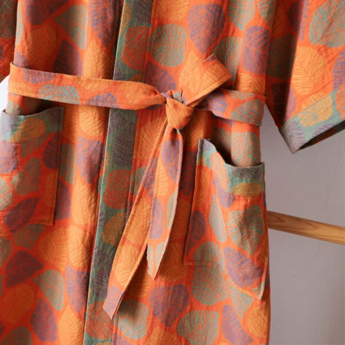 Ownkoti V-neck Vivid Leaf Cotton Gauze Summer Bathrobe