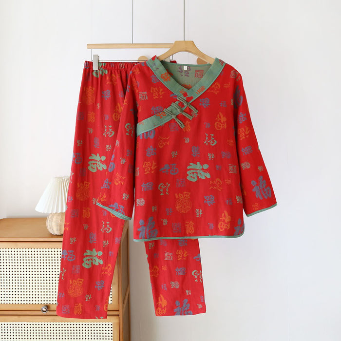 Ownkoti V-neckline Vintage Cotton Gauze Nightwear Set - Red - 2XL - image 0