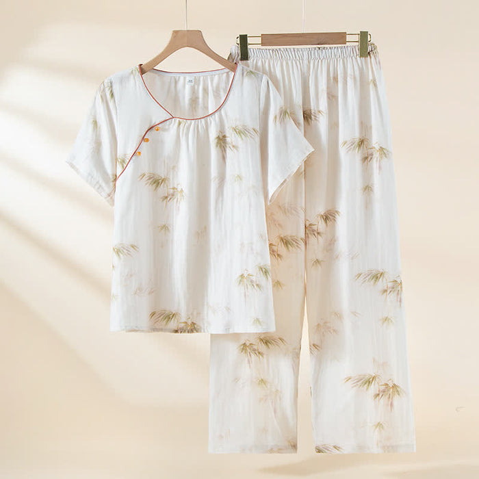 Ownkoti Vintage Bamboo Print Cotton Gauze Beaded Button Loungewear Set