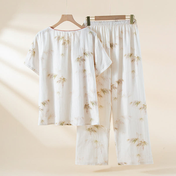 Ownkoti Vintage Bamboo Print Cotton Gauze Beaded Button Loungewear Set