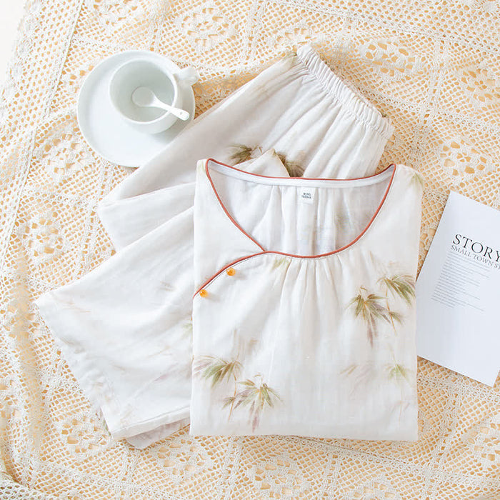 Ownkoti Vintage Bamboo Print Cotton Gauze Beaded Button Loungewear Set