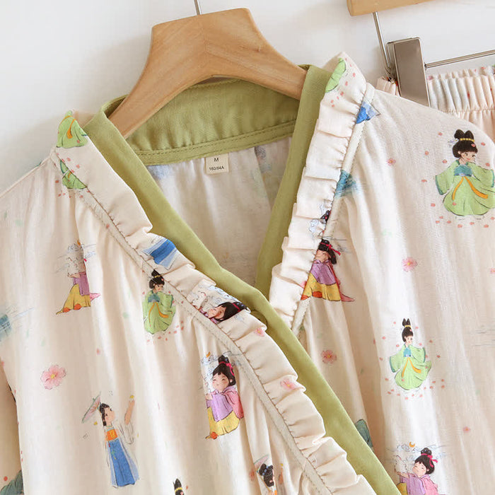 Ownkoti Vintage Cotton Gauze Asymmetric Front Loungewear Set