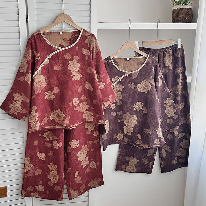 Ownkoti Vintage Floral Cotton Gauze Jacquard Nightwear Set