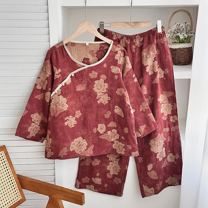 Ownkoti Vintage Floral Cotton Gauze Jacquard Nightwear Set