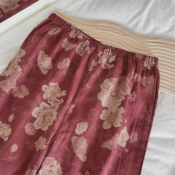 Ownkoti Vintage Floral Cotton Gauze Jacquard Nightwear Set