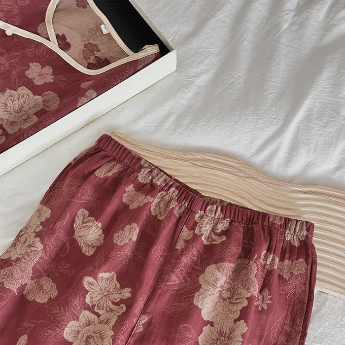 Ownkoti Vintage Floral Cotton Gauze Jacquard Nightwear Set
