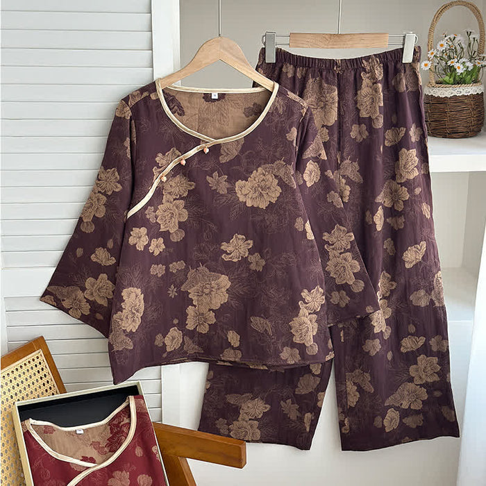 Ownkoti Vintage Floral Cotton Gauze Jacquard Nightwear Set