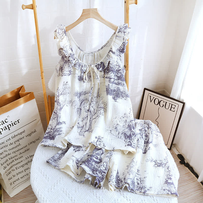 Ownkoti Vintage Landscape Print Cotton Gauze Ruffle Camisole Nightwear - Purple - Pajama Set - XL - image 1