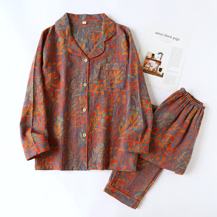 Ownkoti Vintage Leaf Cotton Lapel Loungewear Set - Gray & Orange - 2XL - image 2