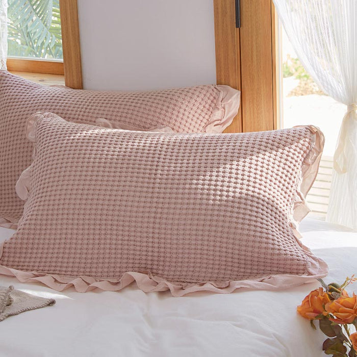 Ownkoti Waffle Weave Cotton Pillowcases with Ruffle (2PCS) - Pink - 50cm x 75cm - image 0