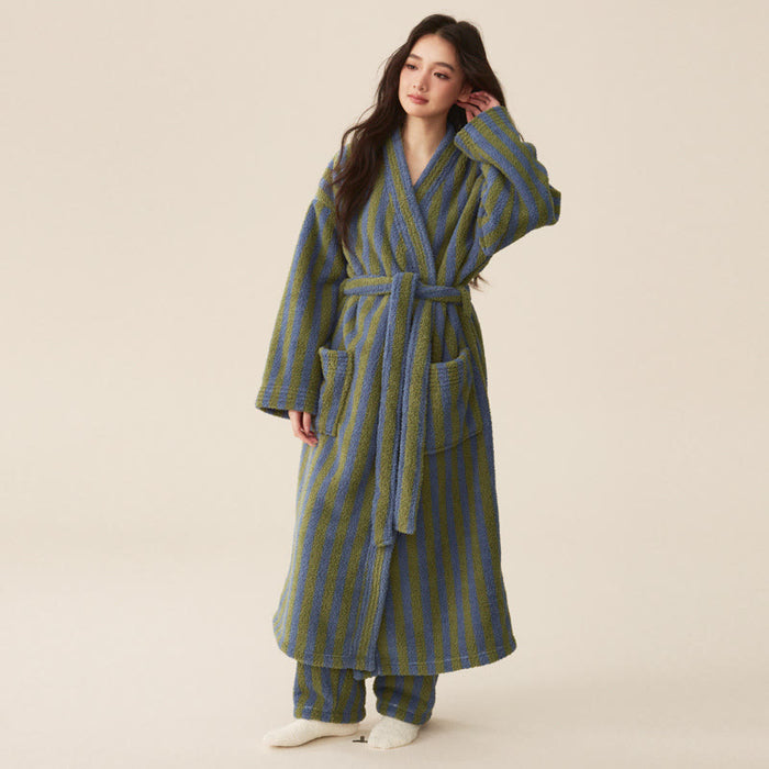 Ownkoti Winter Fleece Modern Stripe Long Bathrobe - Bathrobe with pants - Dark Green - Women XL - image 1