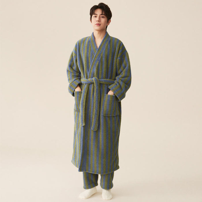 Ownkoti Winter Fleece Modern Stripe Long Bathrobe - Bathrobe with pants - Dark Green - Men L - image 3
