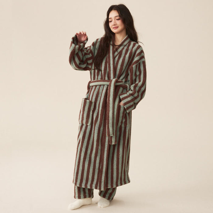 Ownkoti Winter Fleece Modern Stripe Long Bathrobe - Bathrobe with pants - Mint Green & Brown - Women XL - image 4