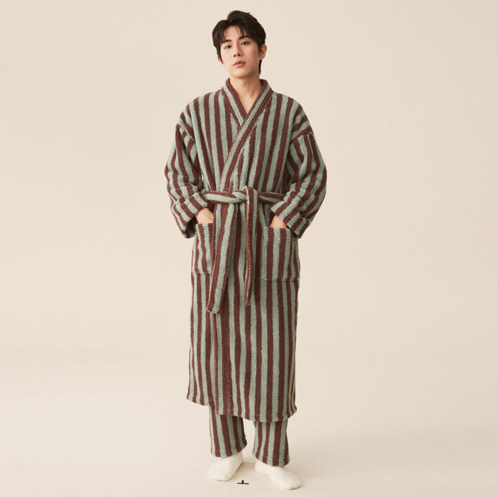 Ownkoti Winter Fleece Modern Stripe Long Bathrobe - Bathrobe with pants - Mint Green & Brown - Men XXL - image 5