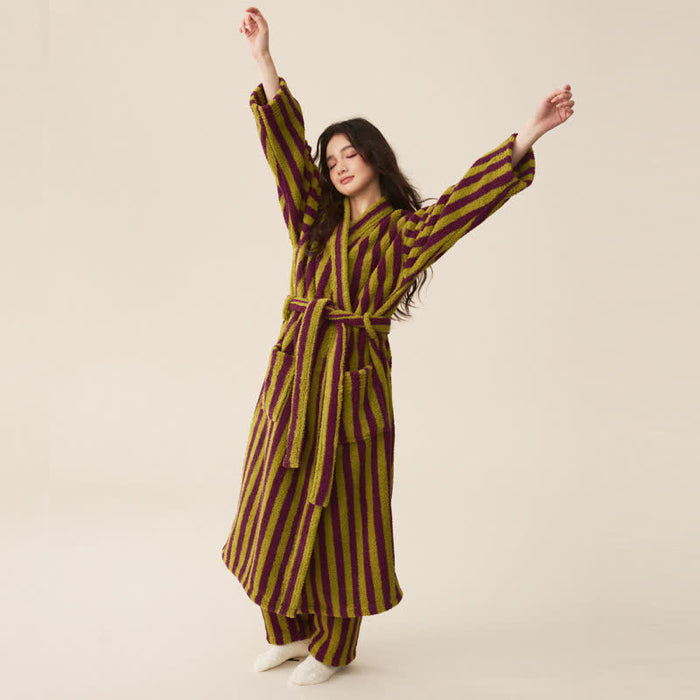 Ownkoti Winter Fleece Modern Stripe Long Bathrobe - Bathrobe with pants - Green & Purple - Women XL - image 6