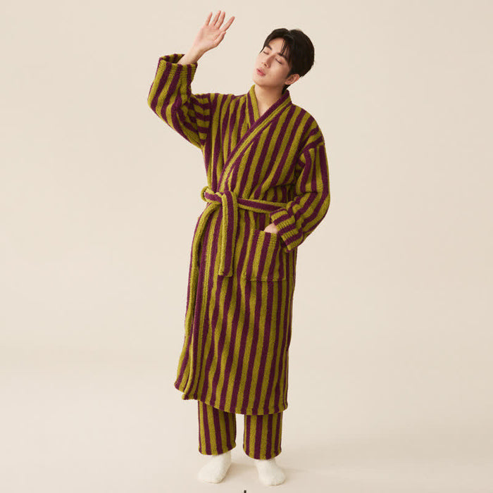 Ownkoti Winter Fleece Modern Stripe Long Bathrobe - Bathrobe with pants - Green & Purple - Men XXL - image 7