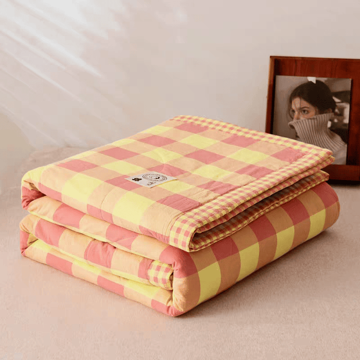 Ownkoti Yarn-dyed Plaid Pure Cotton Vintage Bedding - Yellow & Coral Pink - Quilt - King - image 0