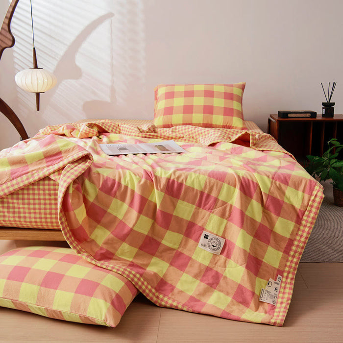 Ownkoti Yarn-dyed Plaid Pure Cotton Vintage Bedding - Yellow & Coral Pink - Sheet with 2pcs Pillowcases - King - image 1