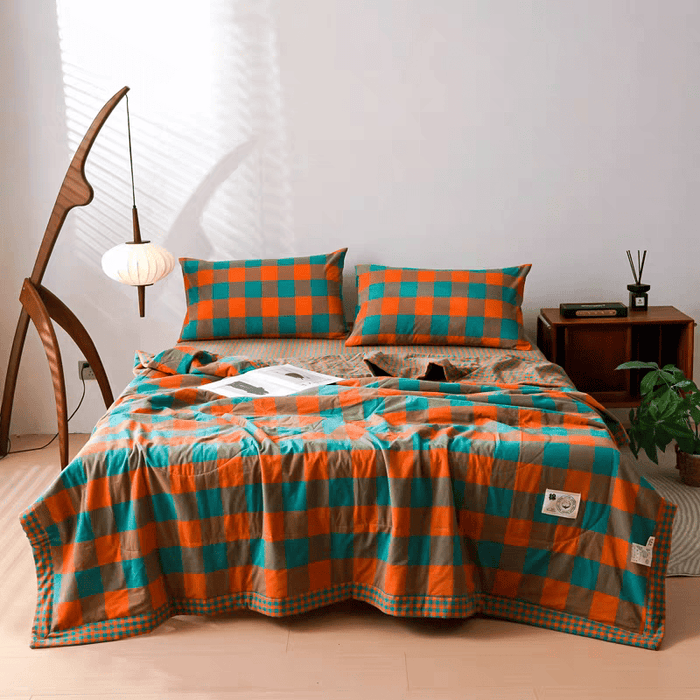 Ownkoti Yarn-dyed Plaid Pure Cotton Vintage Bedding - Green & Orange - 2pcs Pillowcases - 19"W x 29"L - image 5