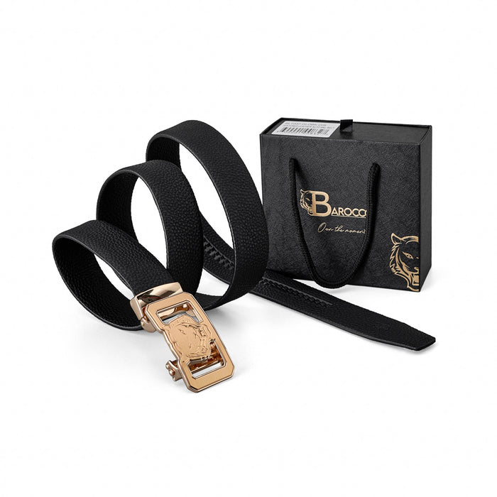 Pebbled Leather Lion Auto BKL Belt – Gold Ed. GOLD/BLACK