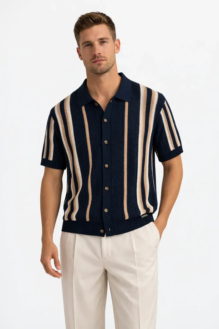 Riviera Stripe Mesh Knit SS Shirt NAVY